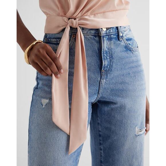 Express Women's Satin One Shoulder Tie Waist Top Pale Pink Size XS - NWT $64 - Picture 3 of 16